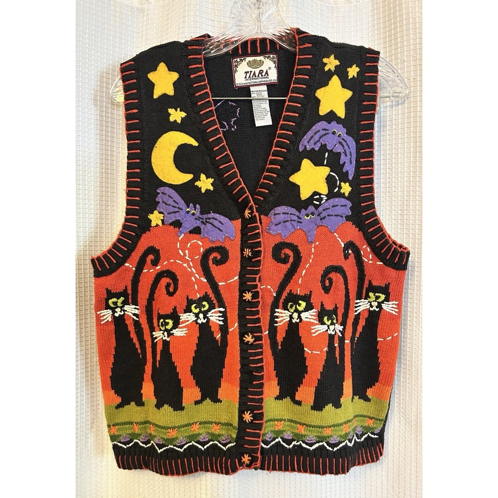 VTG Tiara International Halloween Sweater Vest Cats Bats Moon Knit M 90s Y2K